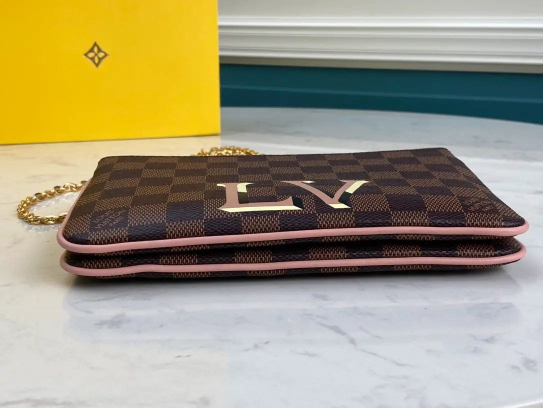 LOUIS VUITTON DOUBLE ZIP POCHETTE BAG DAMIER EBENE COATED CANVAS PINK N60254_3 LOUIS VUITTON DOUBLE ZIP POCHETTE BAG DAMIER EBENE COATED CANVAS PINK N60254 3