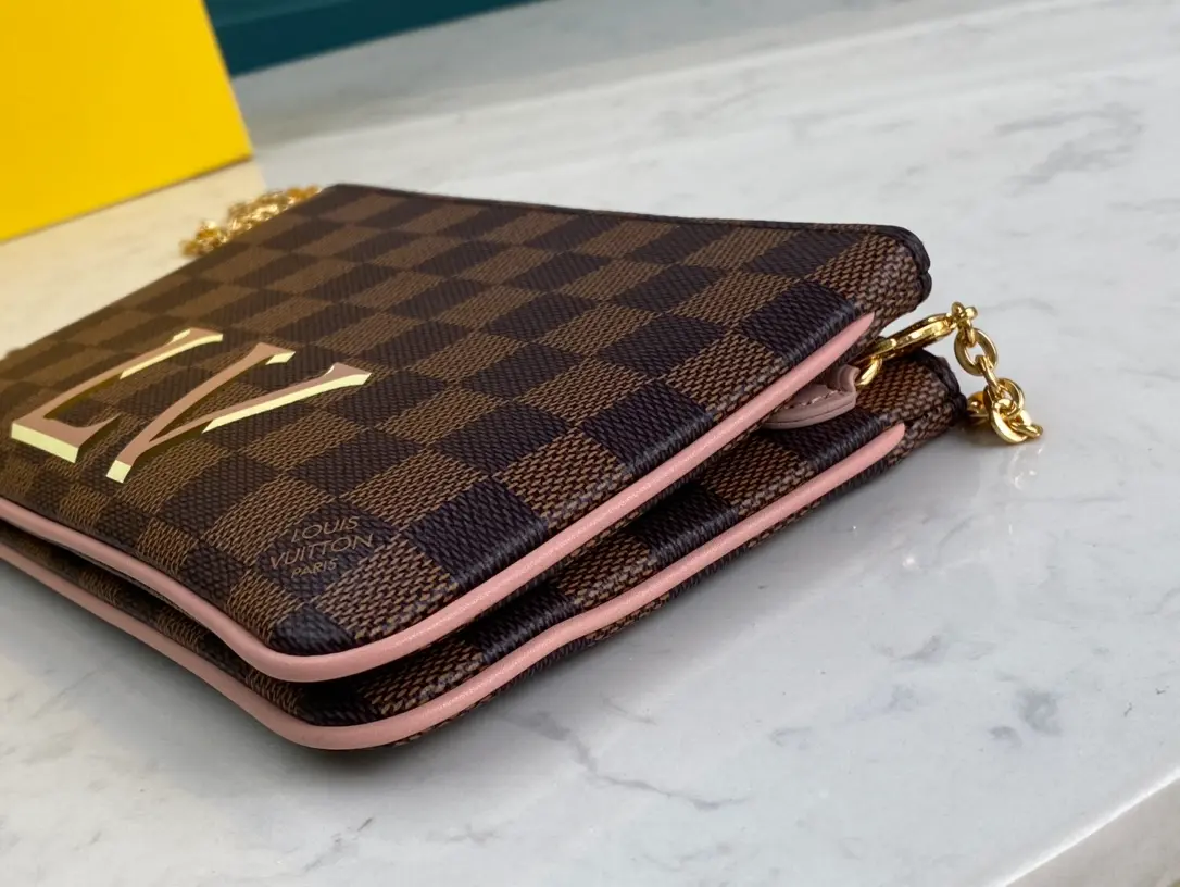 LOUIS VUITTON DOUBLE ZIP POCHETTE BAG DAMIER EBENE COATED CANVAS PINK N60254_4 LOUIS VUITTON DOUBLE ZIP POCHETTE BAG DAMIER EBENE COATED CANVAS PINK N60254 4