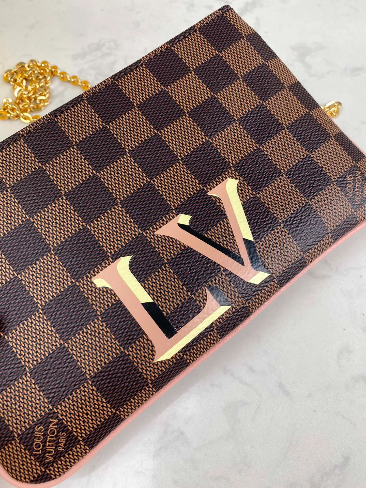 LOUIS VUITTON DOUBLE ZIP POCHETTE BAG DAMIER EBENE COATED CANVAS PINK N60254_5 LOUIS VUITTON DOUBLE ZIP POCHETTE BAG DAMIER EBENE COATED CANVAS PINK N60254 5 1