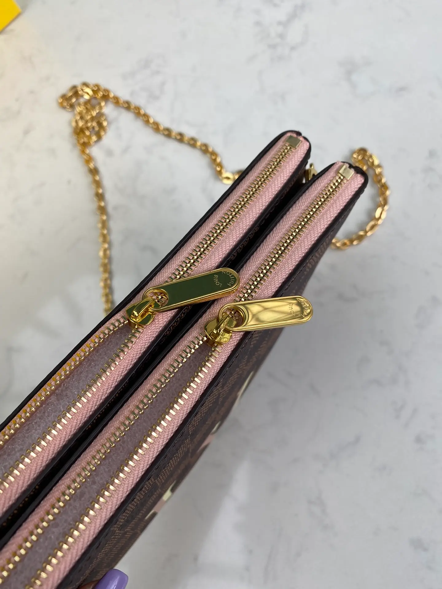 LOUIS VUITTON DOUBLE ZIP POCHETTE BAG DAMIER EBENE COATED CANVAS PINK N60254_6 LOUIS VUITTON DOUBLE ZIP POCHETTE BAG DAMIER EBENE COATED CANVAS PINK N60254 6