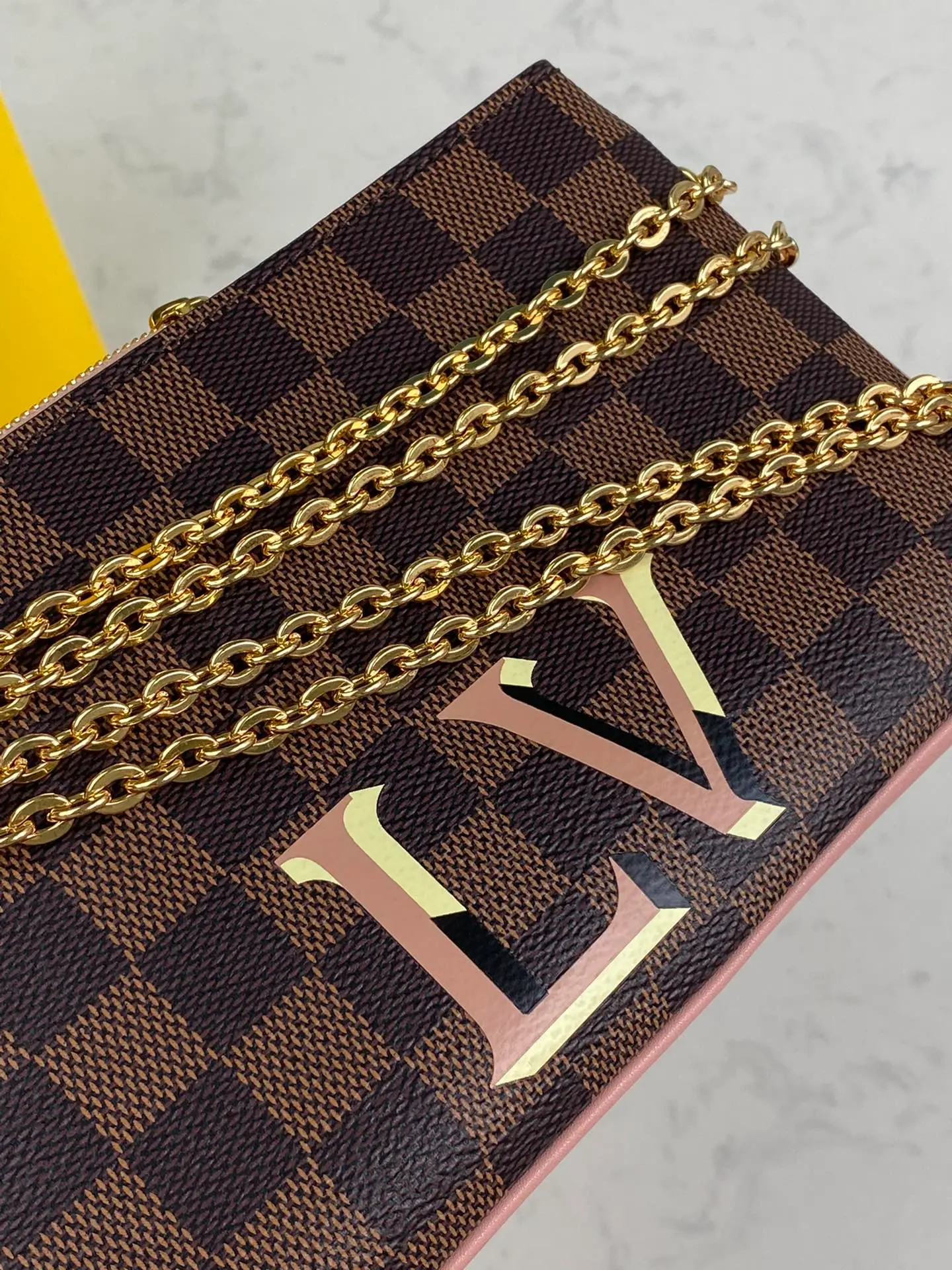 LOUIS VUITTON DOUBLE ZIP POCHETTE BAG DAMIER EBENE COATED CANVAS PINK N60254_7 LOUIS VUITTON DOUBLE ZIP POCHETTE BAG DAMIER EBENE COATED CANVAS PINK N60254 7