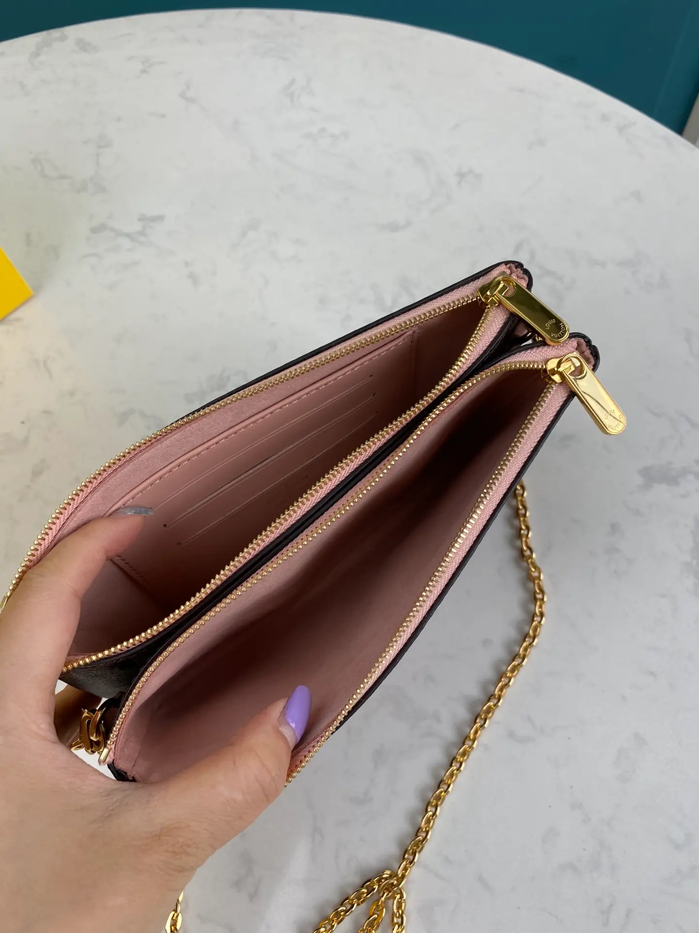 LOUIS VUITTON DOUBLE ZIP POCHETTE BAG DAMIER EBENE COATED CANVAS PINK N60254_8 LOUIS VUITTON DOUBLE ZIP POCHETTE BAG DAMIER EBENE COATED CANVAS PINK N60254 8