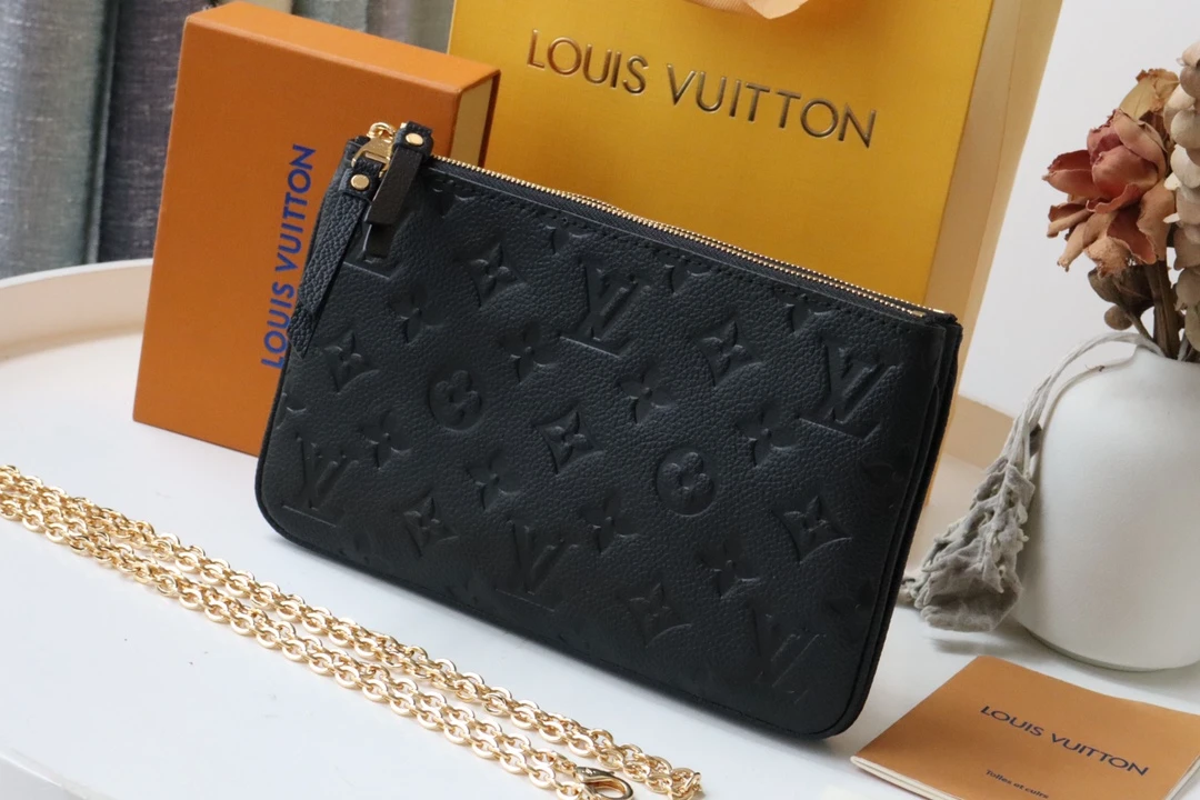 LOUIS VUITTON DOUBLE ZIP POCHETTE BAG SUPPLE GRAINED COWHIDE LEATHER BLACK M68568_2 LOUIS VUITTON DOUBLE ZIP POCHETTE BAG SUPPLE GRAINED COWHIDE LEATHER BLACK M68568 2