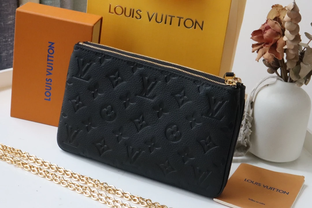 LOUIS VUITTON DOUBLE ZIP POCHETTE BAG SUPPLE GRAINED COWHIDE LEATHER BLACK M68568_3 LOUIS VUITTON DOUBLE ZIP POCHETTE BAG SUPPLE GRAINED COWHIDE LEATHER BLACK M68568 3