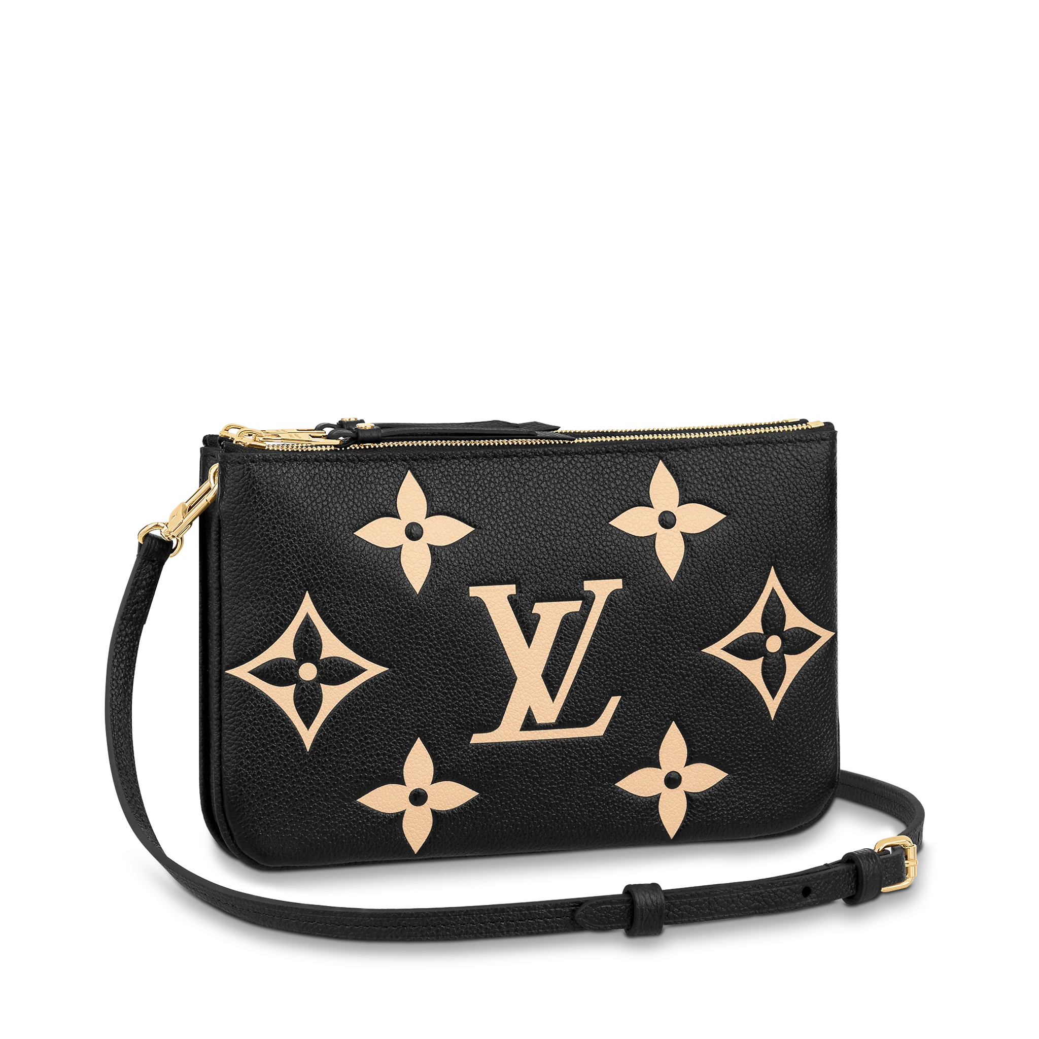 LOUIS VUITTON DOUBLE ZIP POCHETTE BAG SUPPLE GRAINED COWHIDE LEATHER BLACK M80787 LOUIS VUITTON DOUBLE ZIP POCHETTE BAG SUPPLE GRAINED COWHIDE LEATHER BLACK M80787