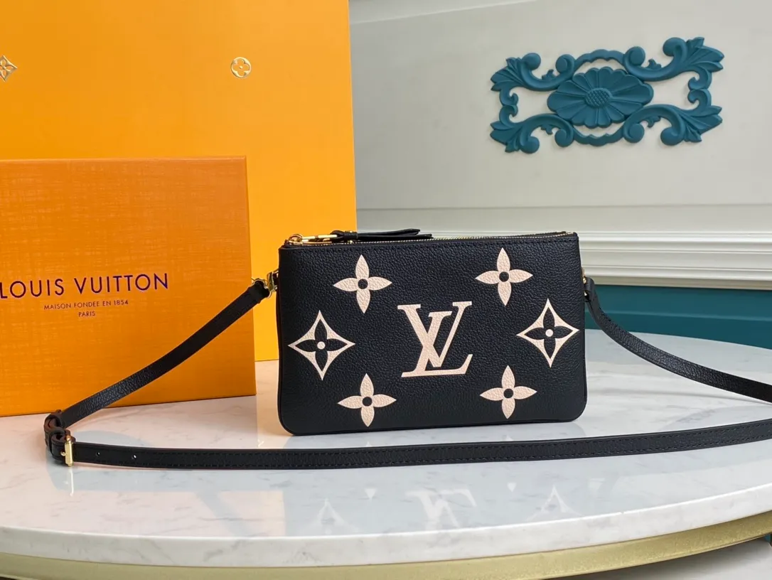 LOUIS VUITTON DOUBLE ZIP POCHETTE BAG SUPPLE GRAINED COWHIDE LEATHER BLACK M80787_1 LOUIS VUITTON DOUBLE ZIP POCHETTE BAG SUPPLE GRAINED COWHIDE LEATHER BLACK M80787 1