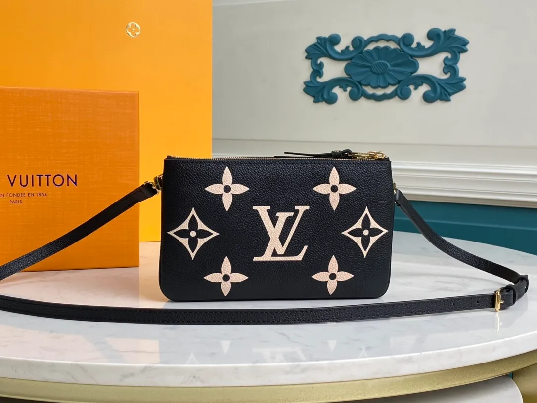 LOUIS VUITTON DOUBLE ZIP POCHETTE BAG SUPPLE GRAINED COWHIDE LEATHER BLACK M80787_2 LOUIS VUITTON DOUBLE ZIP POCHETTE BAG SUPPLE GRAINED COWHIDE LEATHER BLACK M80787 2