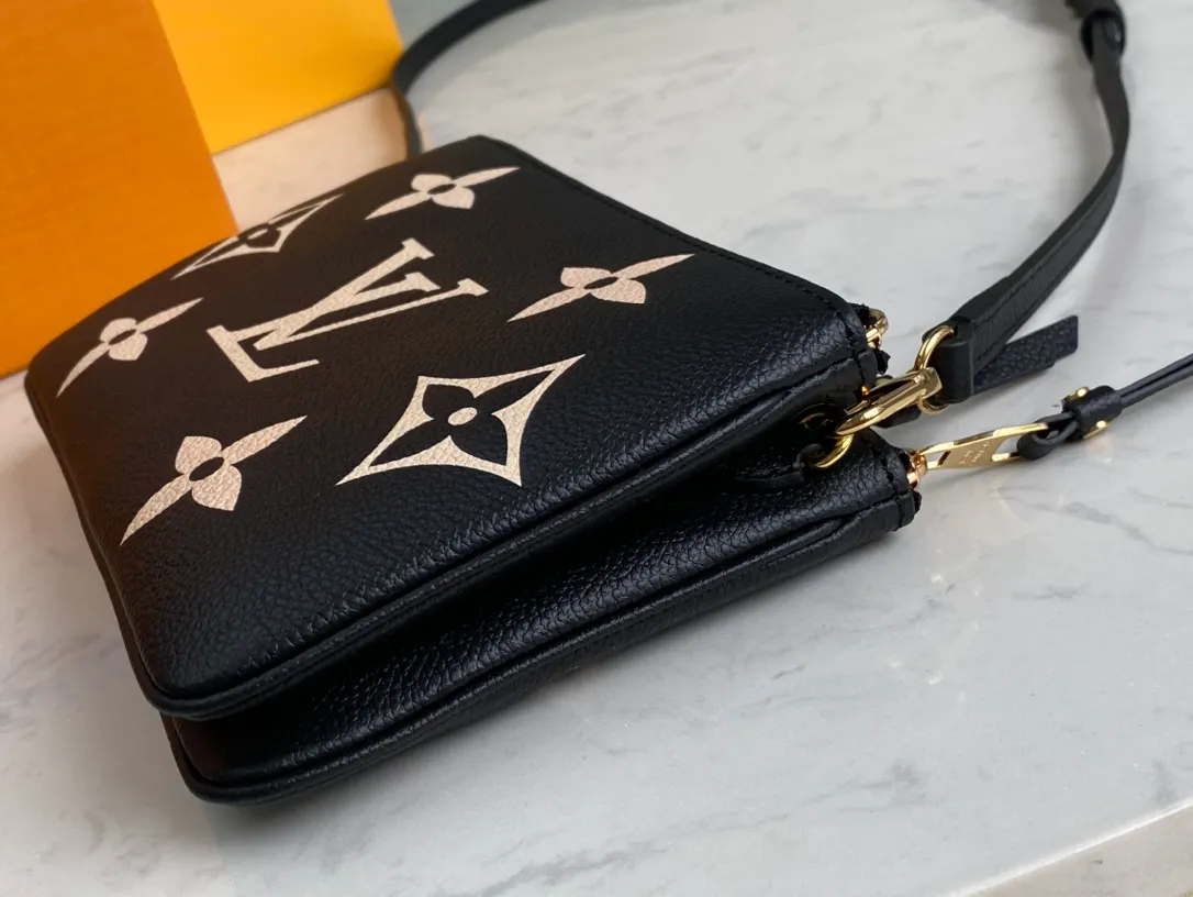 LOUIS VUITTON DOUBLE ZIP POCHETTE BAG SUPPLE GRAINED COWHIDE LEATHER BLACK M80787_6 LOUIS VUITTON DOUBLE ZIP POCHETTE BAG SUPPLE GRAINED COWHIDE LEATHER BLACK M80787 6