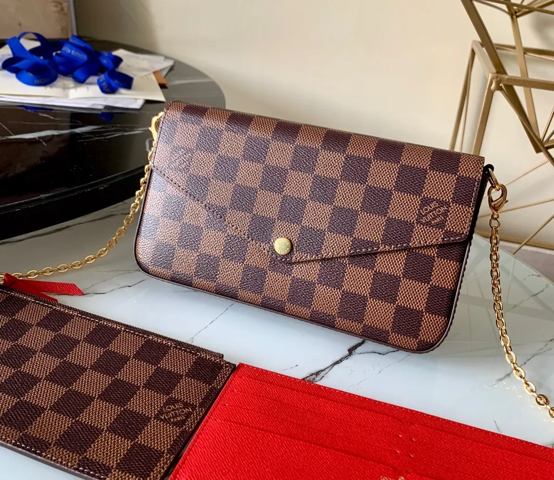 LOUIS VUITTON FÉLICIE POCHETTE BAG DAMIER EBENE COATED CANVAS CERISE RED N63032_1 LOUIS VUITTON FELICIE POCHETTE BAG DAMIER EBENE COATED CANVAS CERISE RED N63032 1