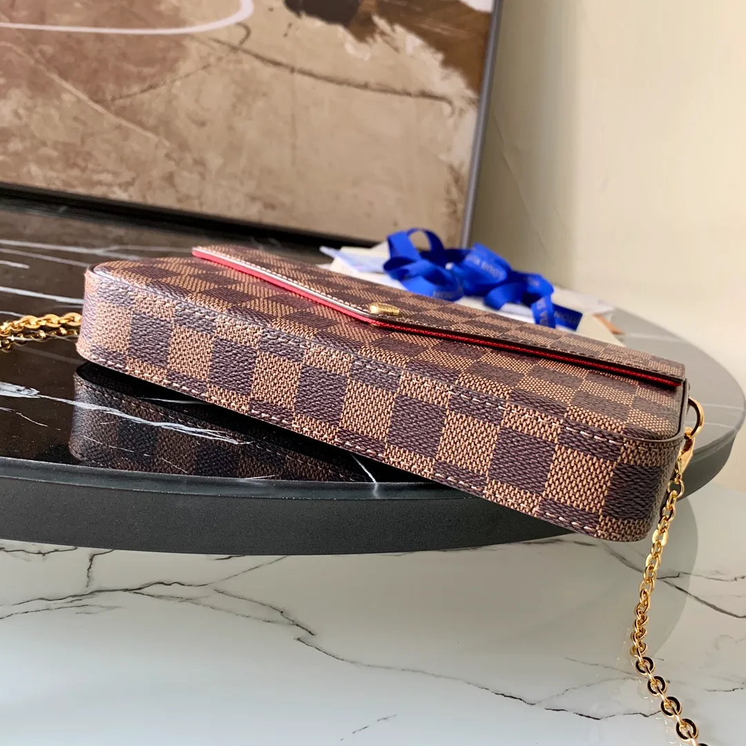 LOUIS VUITTON FÉLICIE POCHETTE BAG DAMIER EBENE COATED CANVAS CERISE RED N63032_4 LOUIS VUITTON FELICIE POCHETTE BAG DAMIER EBENE COATED CANVAS CERISE RED N63032 4