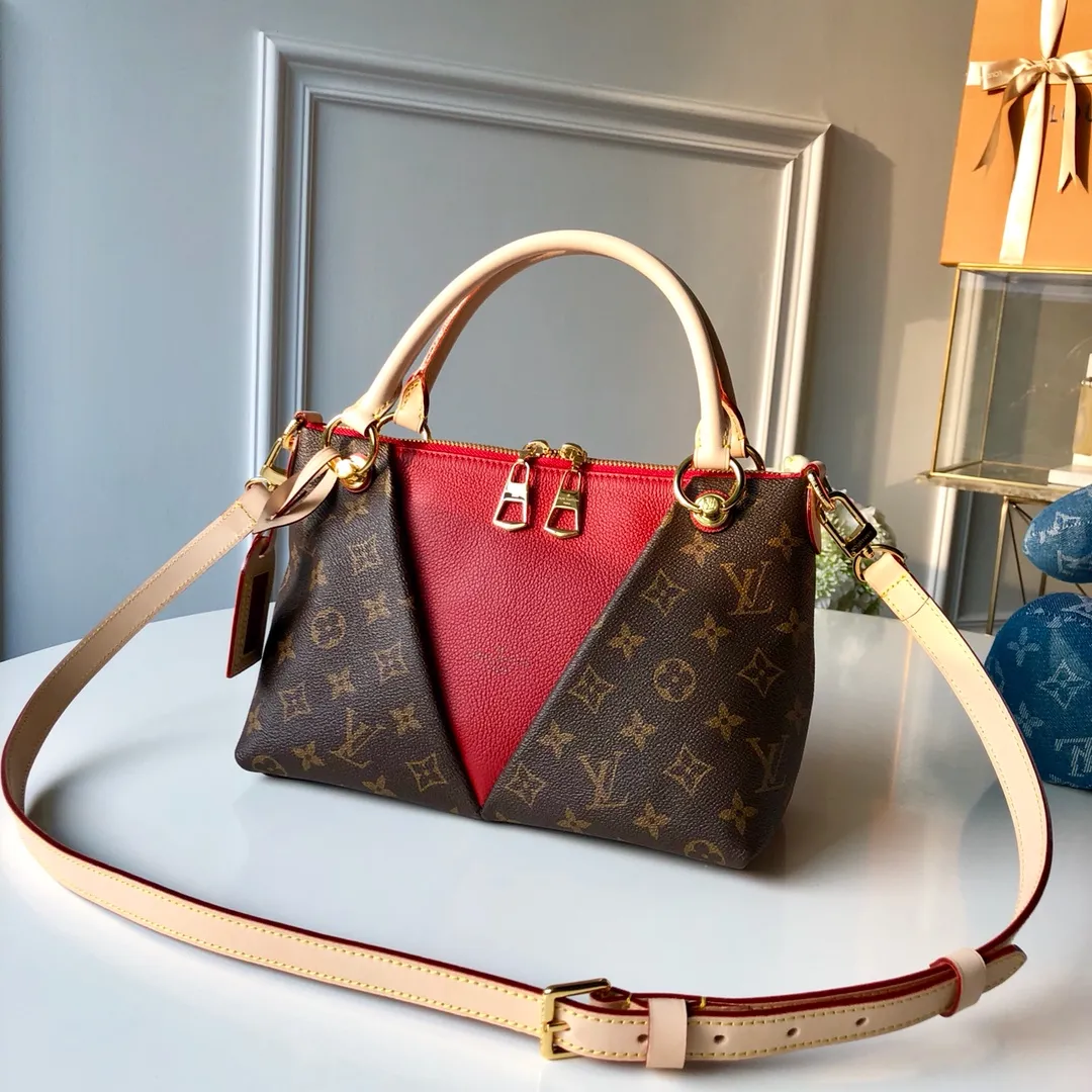 LOUIS VUITTON V TOTE HANDBAG MONOGRAM CANVAS CALFSKIN CERISE RED M43966_1 LOUIS VUITTON V TOTE HANDBAG MONOGRAM CANVAS CALFSKIN CERISE RED M43966 1