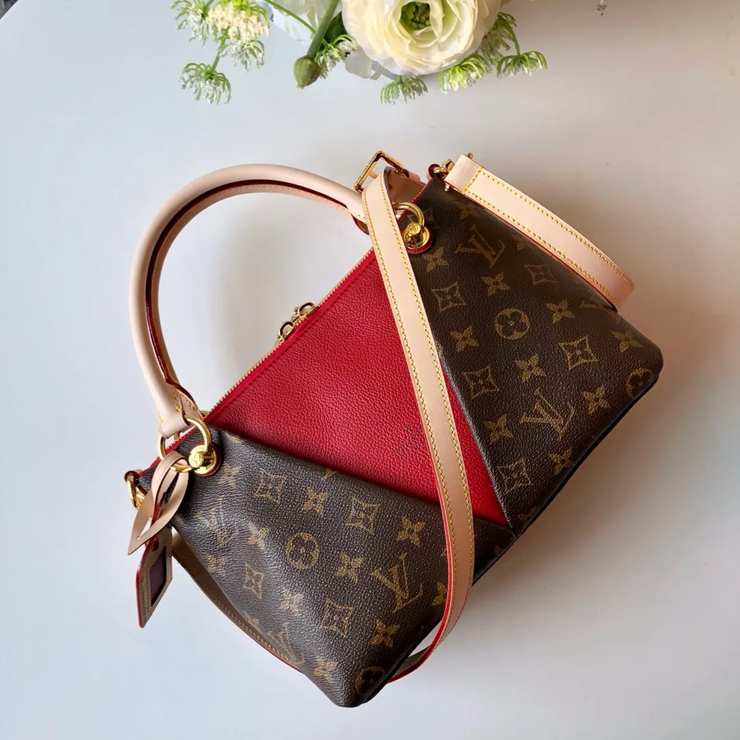 LOUIS VUITTON V TOTE HANDBAG MONOGRAM CANVAS CALFSKIN CERISE RED M43966_2 LOUIS VUITTON V TOTE HANDBAG MONOGRAM CANVAS CALFSKIN CERISE RED M43966 2