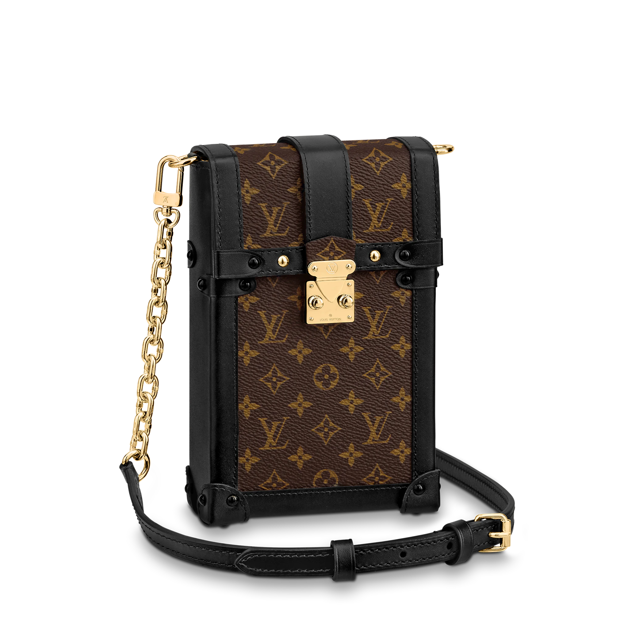 LOUIS VUITTON VERTICAL TRUNK POCHETTE BAG MONOGRAM COATED CANVAS BLACK M63913 LOUIS VUITTON VERTICAL TRUNK POCHETTE BAG MONOGRAM COATED CANVAS BLACK M63913