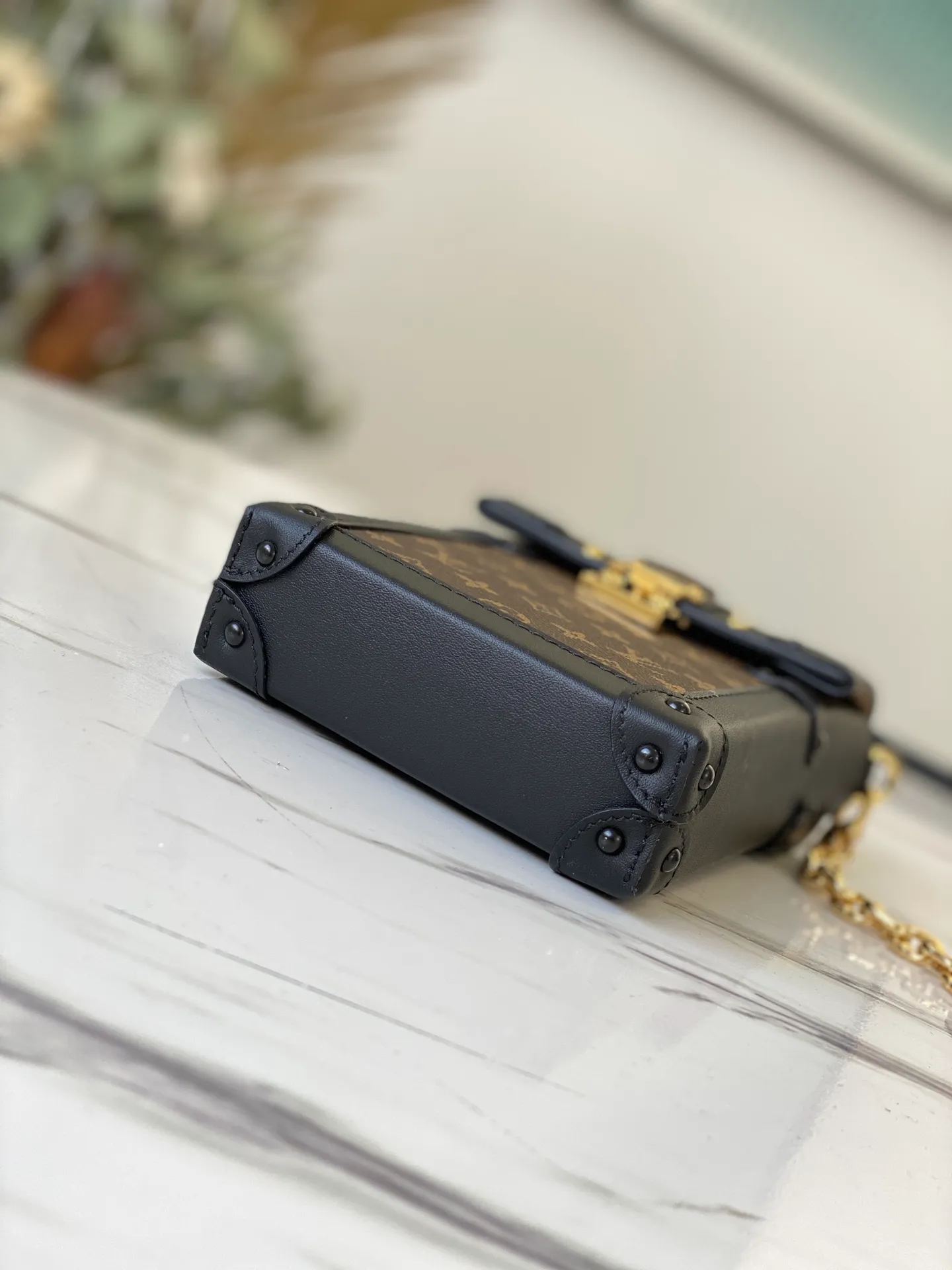 LOUIS VUITTON VERTICAL TRUNK POCHETTE BAG MONOGRAM COATED CANVAS BLACK M63913_4 LOUIS VUITTON VERTICAL TRUNK POCHETTE BAG MONOGRAM COATED CANVAS BLACK M63913 4